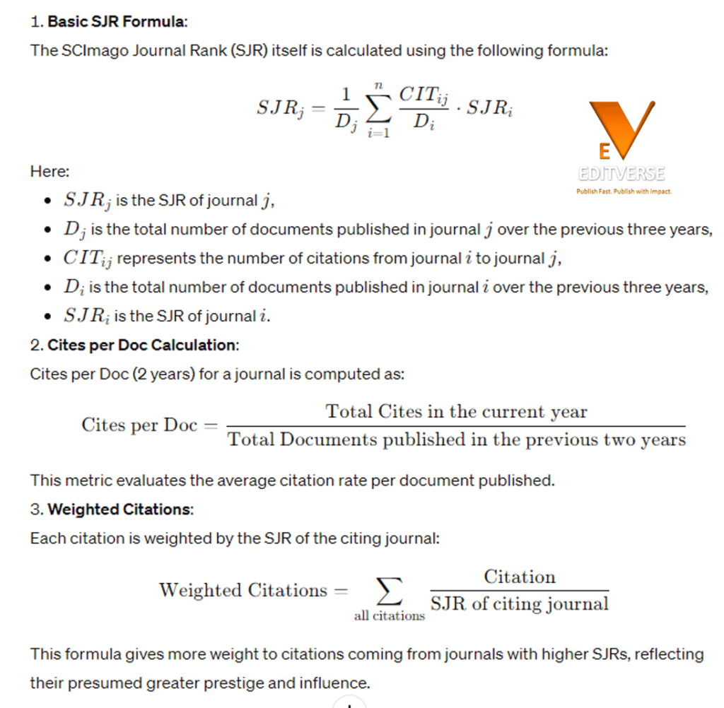 SJR formula, cites-per-document calculation and citation weighting by the citing journal's SJR
