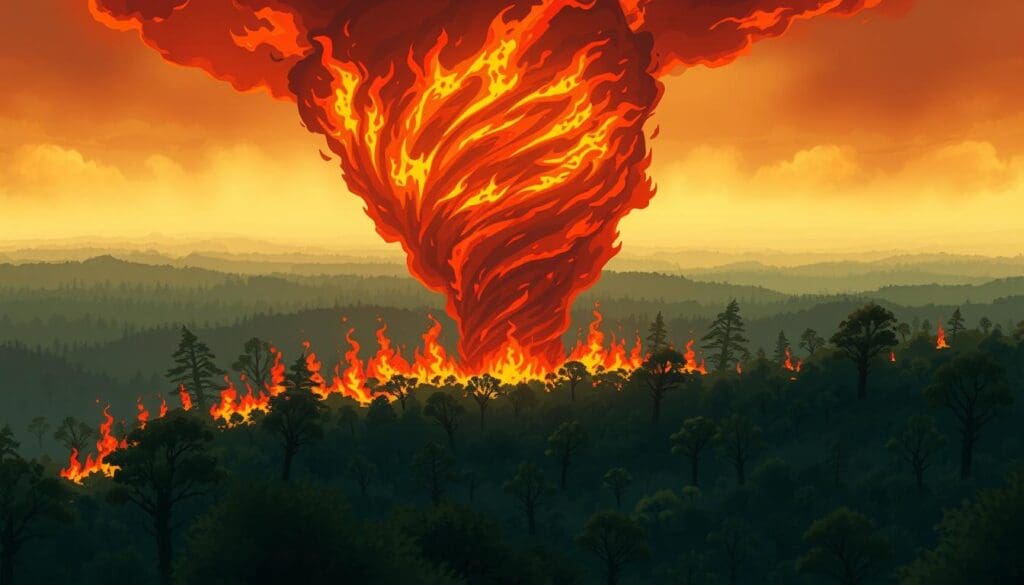 Wildfire-driven tornado in natural landscape