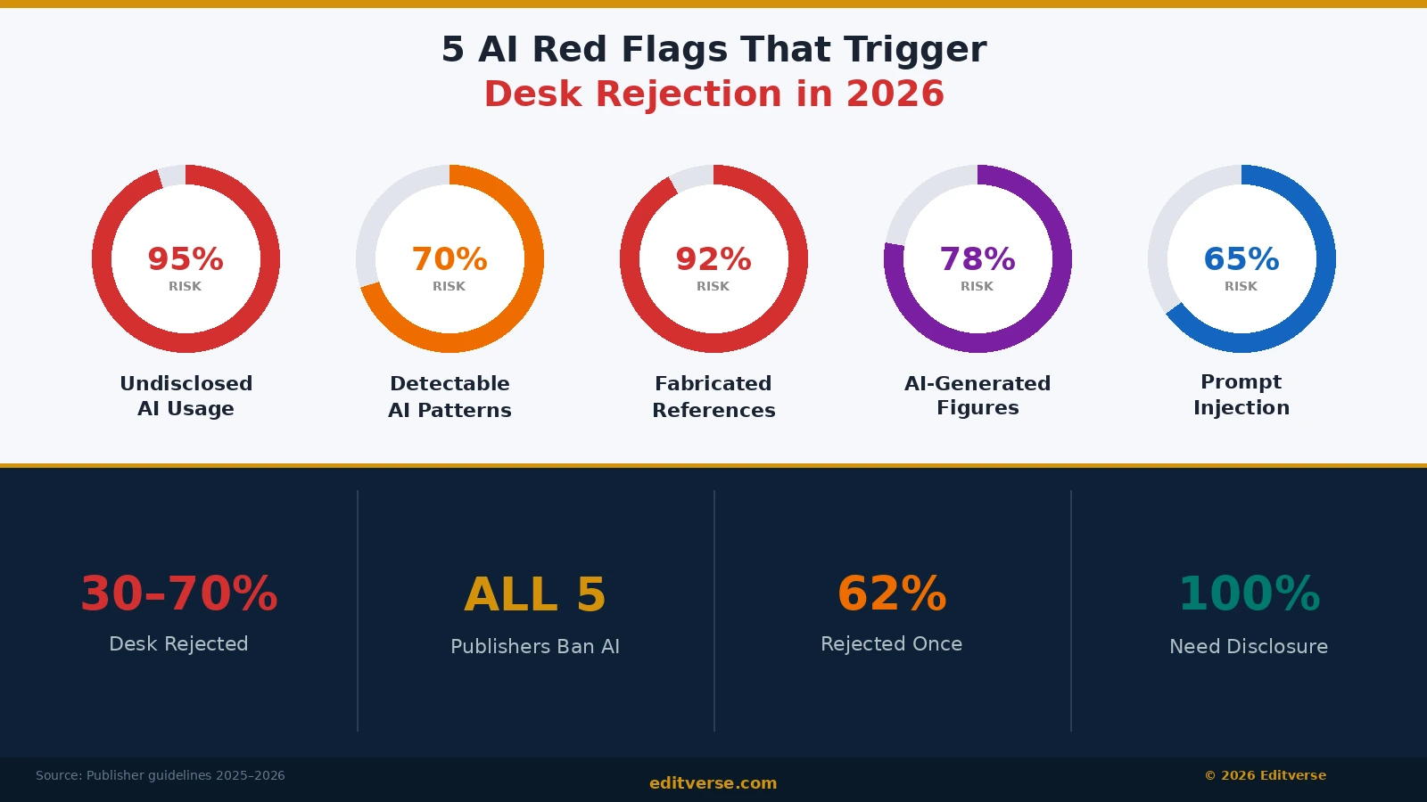 desk rejection AI red flags infographic showing five categories of AI-related rejection triggers in 2026