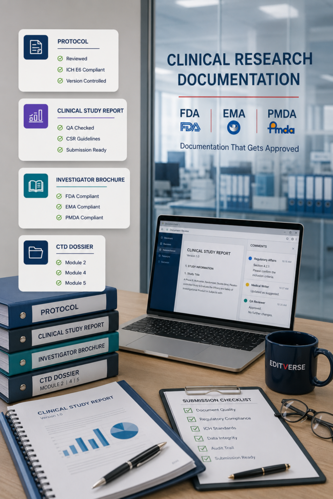Ein Arbeitsbereich für die Dokumentation klinischer Studien umfasst Zulassungsunterlagen, Studienberichte (CSR), Prüfprotokolle, Prüferinformationen (IB) und Ordner mit CTD-Dossiers, die auf einem professionellen Schreibtisch angeordnet sind. Ein Laptop zeigt Workflows zur Dokumentenprüfung und -freigabe an, während Compliance-Karten die Standards von ICH E6, FDA, EMA und PMDA hervorheben. Die Szene symbolisiert das Verfassen von Zulassungsdokumenten, die klinische Dokumentation, die Qualitätssicherung, die Vorbereitung von Einreichungen und die Einhaltung globaler Gesundheitsbehördenvorgaben für Pharma- und Biotech-Unternehmen.