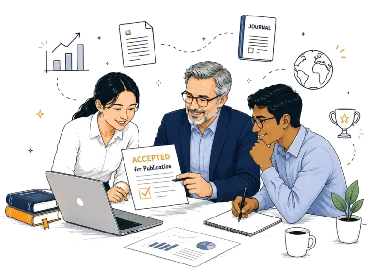 Researchers reviewing an accepted-for-publication manuscript with Editverse