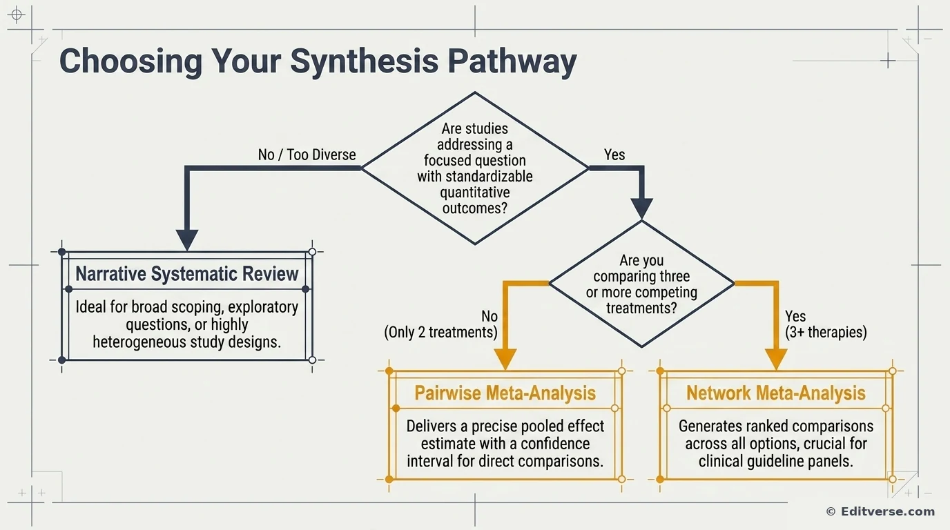 Decision flowchart for choosing between narrative systematic review, pairwise meta-analysis, and network meta-analysis based on study focus and number of treatments compared