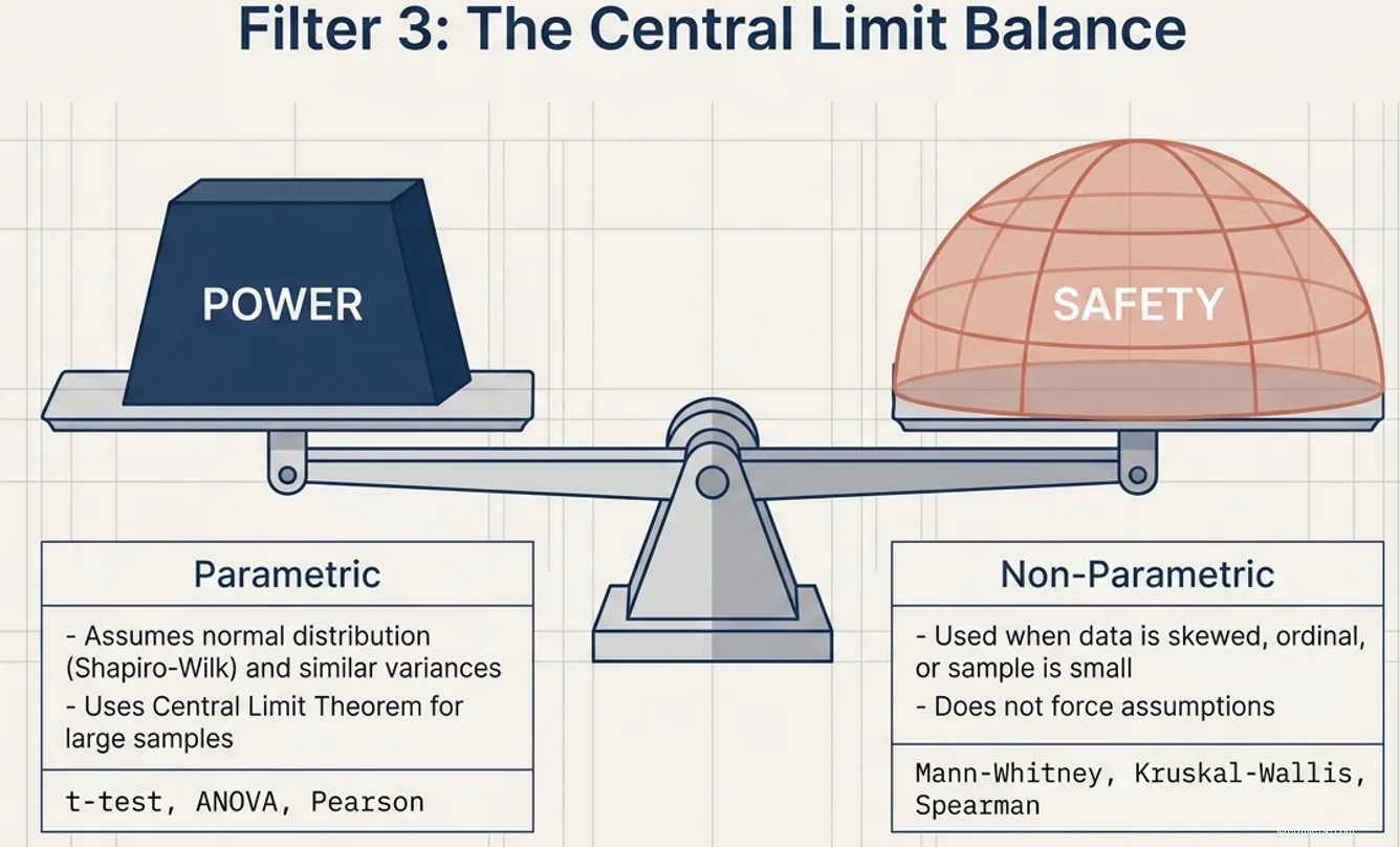 Balanseng sentral na limitasyon ng Filter 3: mga pagsubok sa parametric, kapangyarihan para sa normal na data kumpara sa mga pagsubok na hindi parametric, kaligtasan para sa skewed data