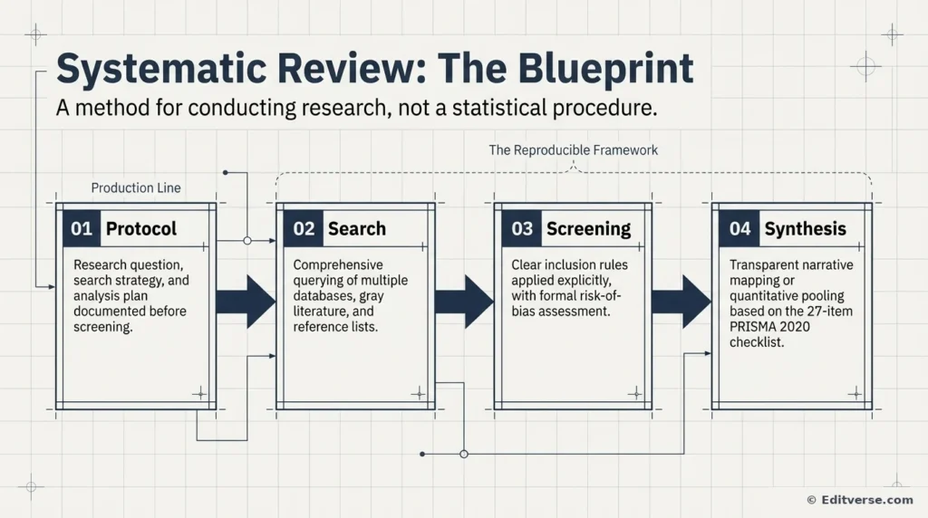 Systematic review blueprint diagram showing the four-step reproducible framework: protocol, search, screening, and synthesis