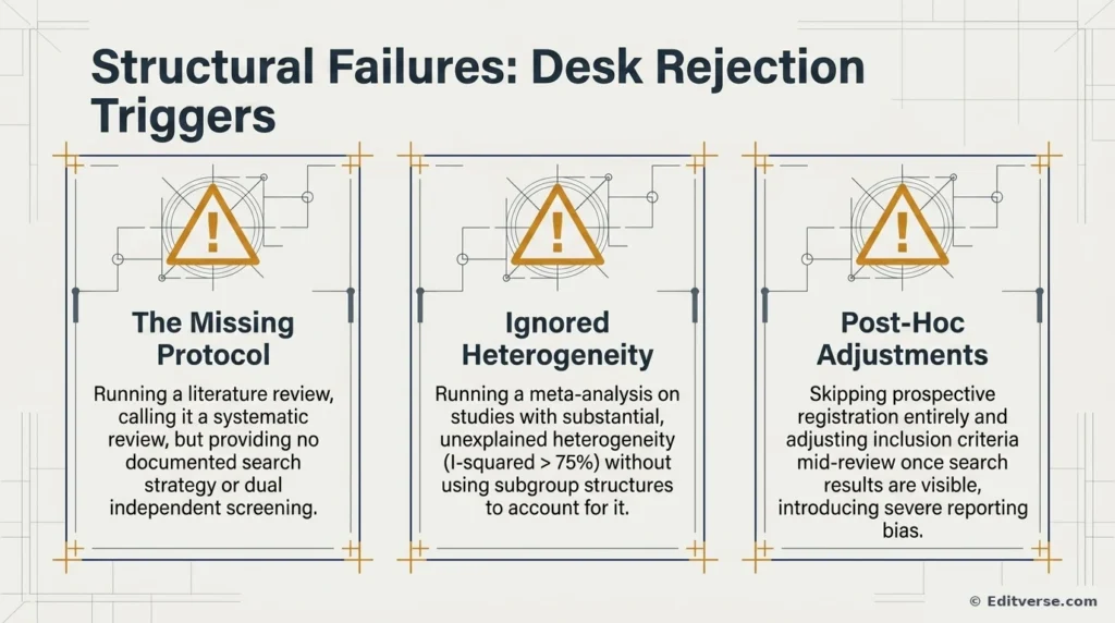 Three structural failures that trigger desk rejection: the missing protocol, ignored heterogeneity above 75 percent I-squared, and post-hoc adjustments to inclusion criteria