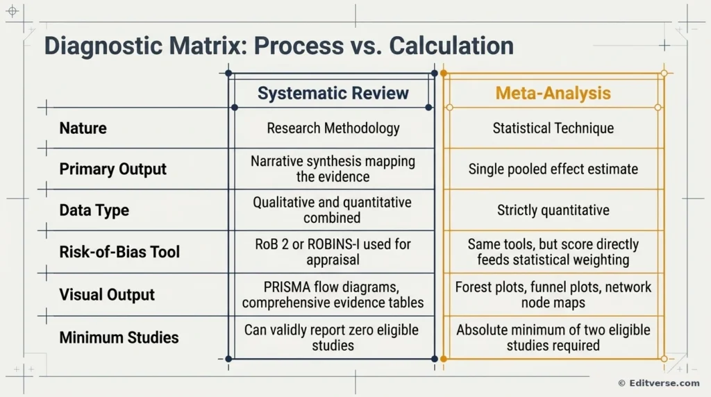 Diagnostic matrix comparing systematic review and meta-analysis across nature, primary output, data type, risk-of-bias tool, visual output, and minimum studies required
