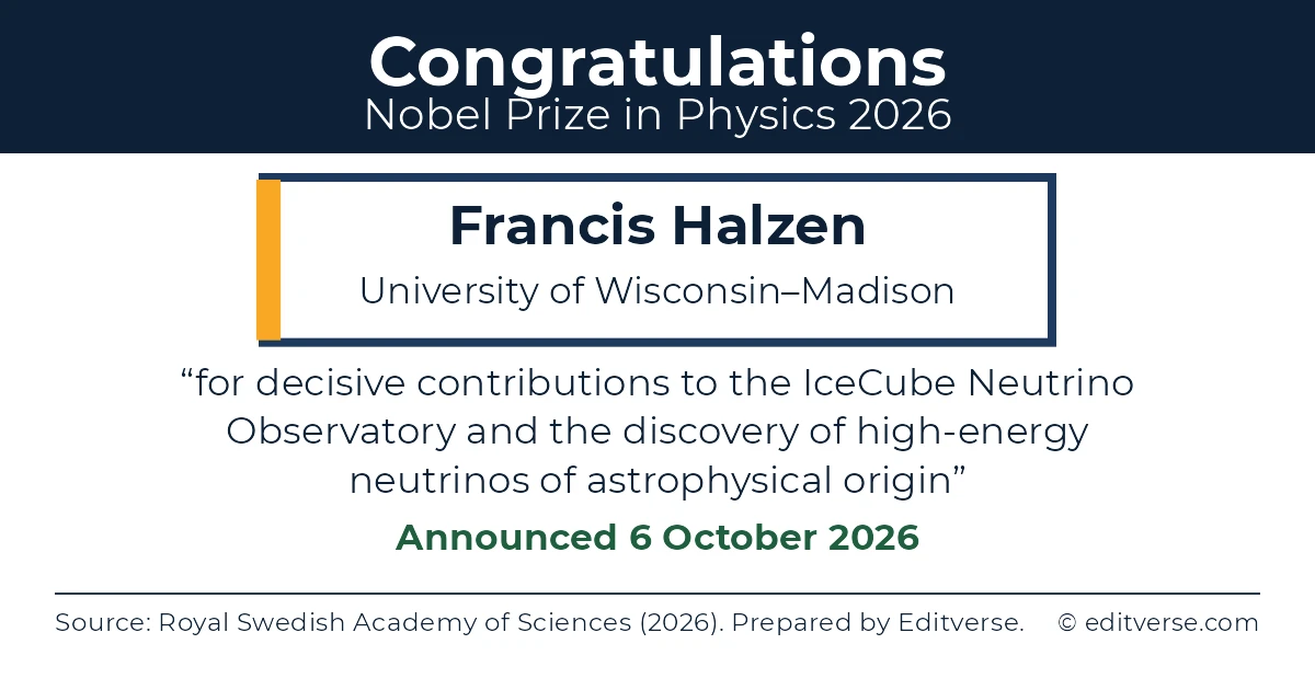 Tarjeta de felicitación: Francis Halzen gana el Premio Nobel de Física 2026 por sus descubrimientos sobre los neutrinos del IceCube.