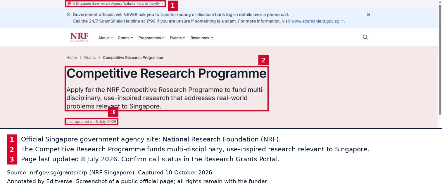 May anotasyong screenshot ng pahina ng NRF Singapore Competitive Research Programme, huling na-update noong 8 Hulyo 2026