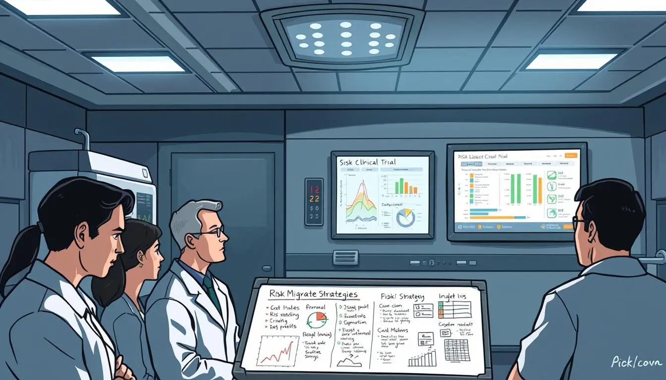 A dimly lit medical facility, with sleek, modern equipment and a sterile atmosphere. In the foreground, a team of researchers intently examining data on a clinical trial, their expressions focused and determined. The middle ground features a whiteboard covered in detailed notes and charts, outlining the risk mitigation strategies being implemented. In the background, a wall-mounted display showcases the trial's progress, with key performance indicators and milestones clearly visible. The lighting casts a subtle, technical glow, evoking a sense of scientific rigor and attention to detail. This image captures the practical, evidence-based approach to managing risks in a critical clinical research endeavor.